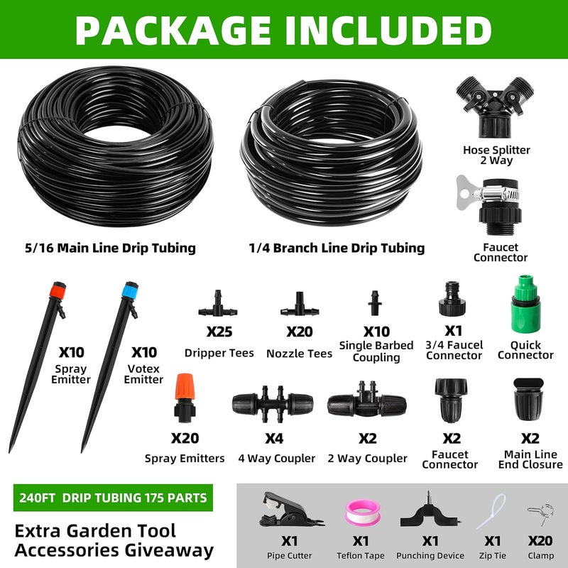 lucdnc 240FT DIY Automatic Drip Irrigation System Kits for Garden Plant Watering Misting System for Greenhouse Patio Lawn with Adjustable Drip Emitters 5/16" and 1/4" Irrigation Tubing Connectors Fittings - Image 3